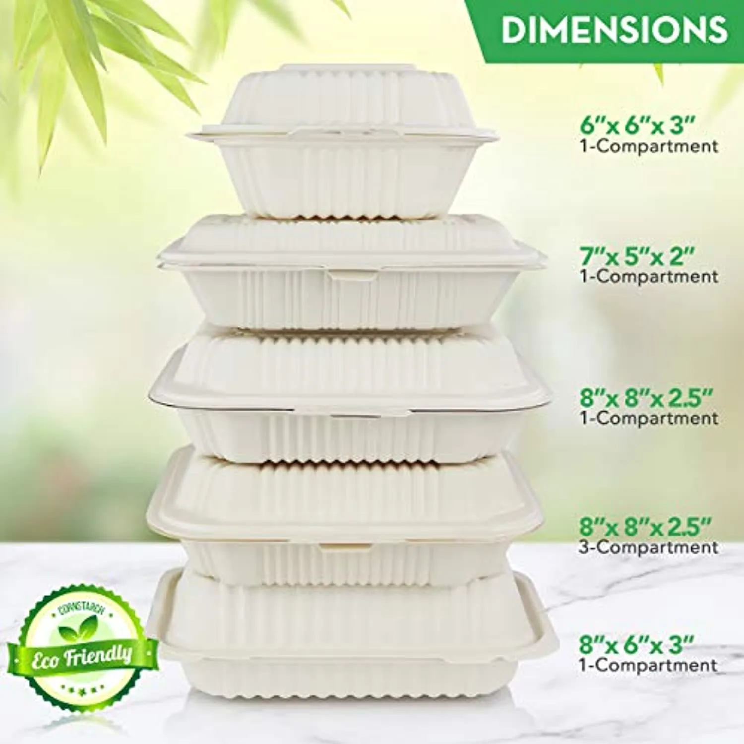 125 Count Eco Friendly Take Out Food Containers, 6" x 6", 1-Comp. - Non-Soggy, Leak Proof, Disposable To Go Containers Made From Cornstarch