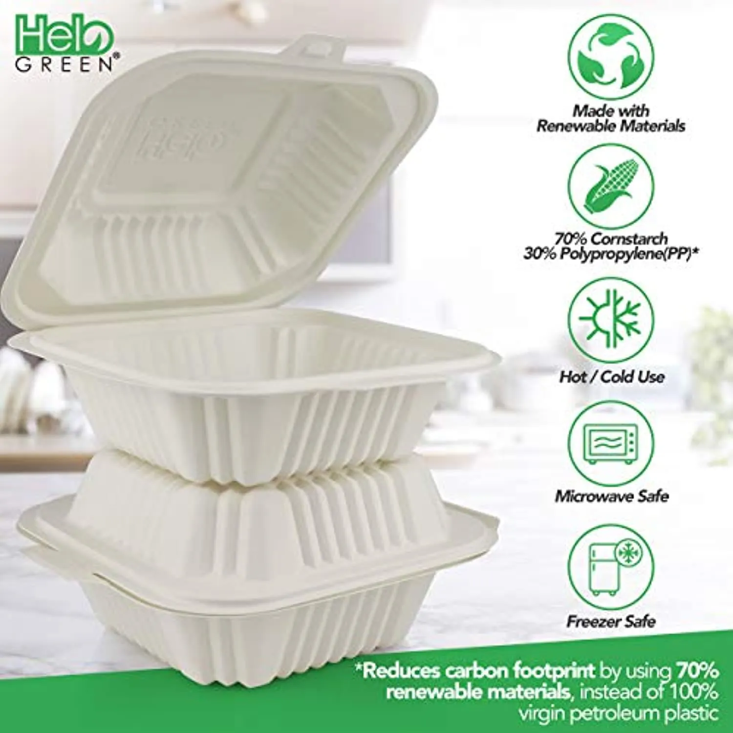 125 Count Eco Friendly Take Out Food Containers, 6" x 6", 1-Comp. - Non-Soggy, Leak Proof, Disposable To Go Containers Made From Cornstarch