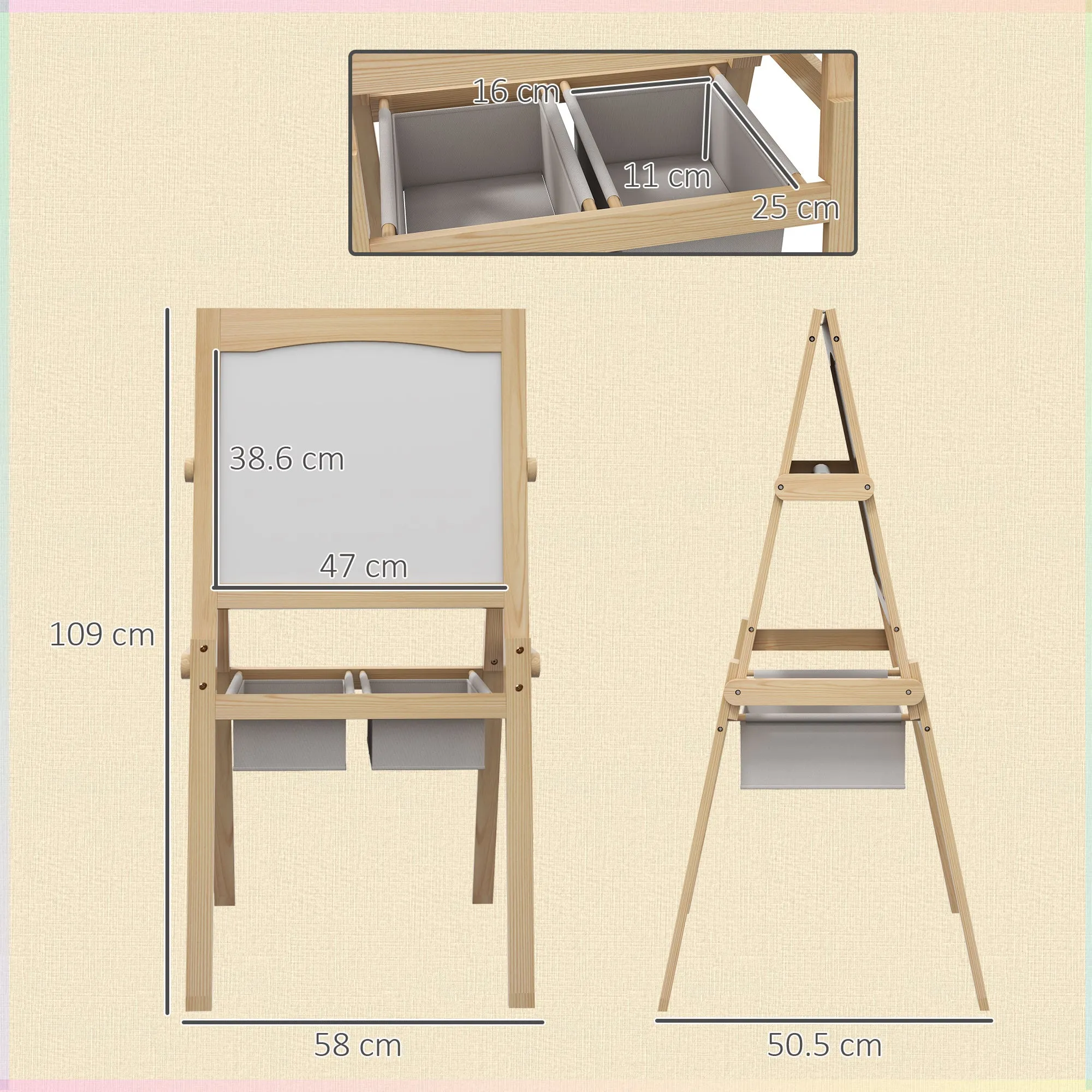 3 in 1 Kids Easel with Paper Roll, Storage Baskets - Natural