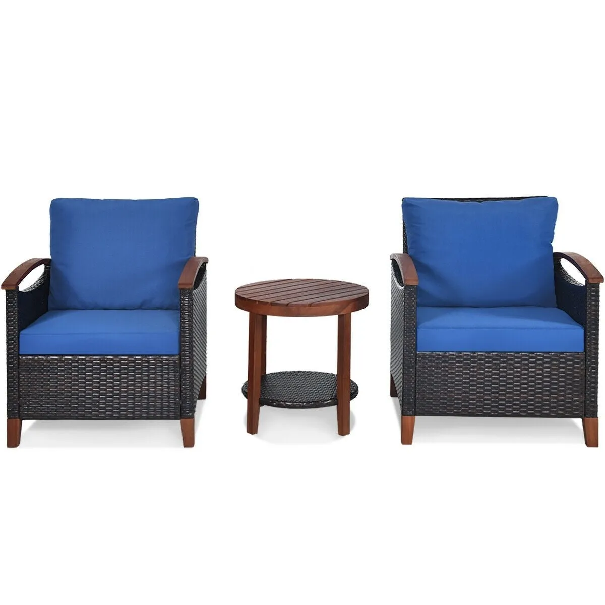 3pc Wicker Rattan Wood Frame Patio Furniture Set - Blue