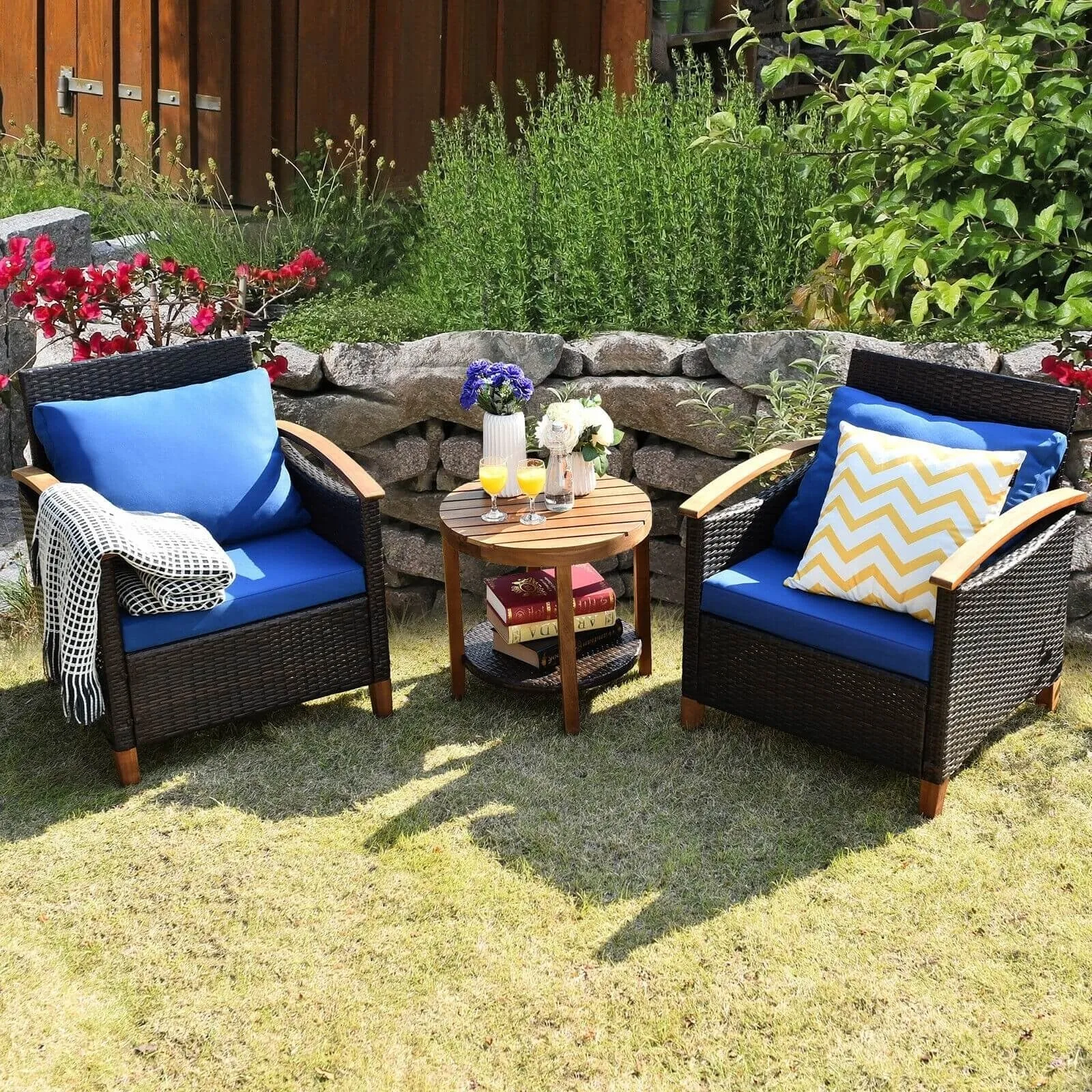 3pc Wicker Rattan Wood Frame Patio Furniture Set - Blue