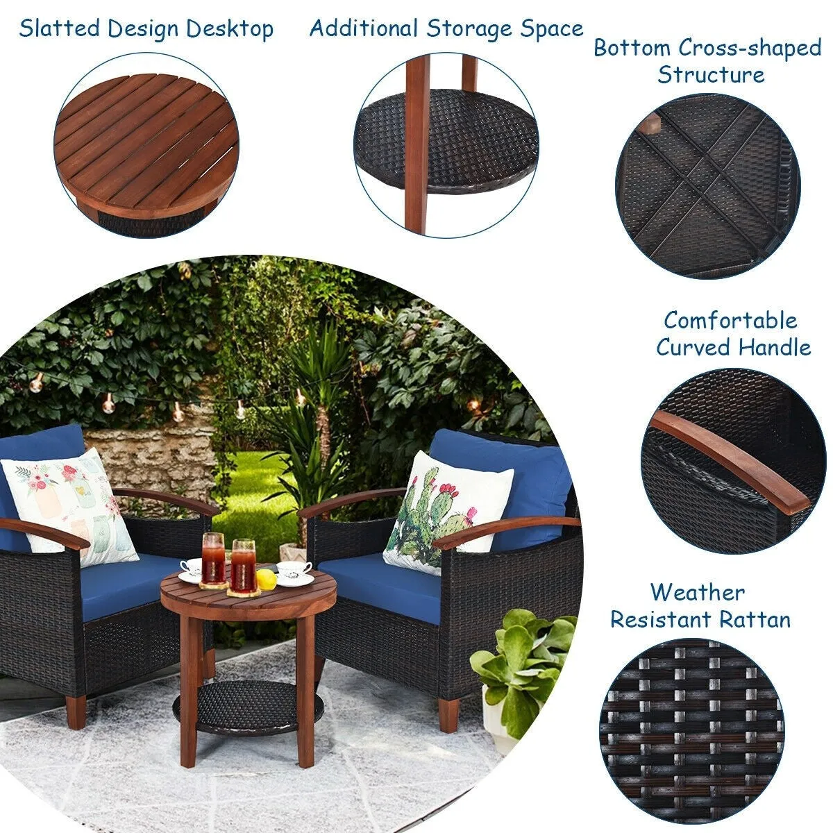 3pc Wicker Rattan Wood Frame Patio Furniture Set - Blue