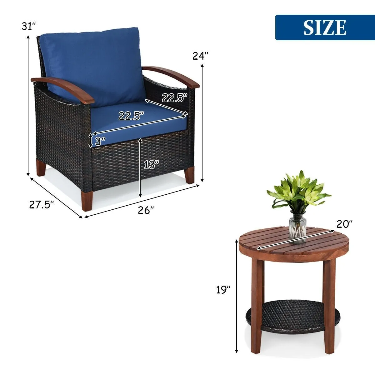 3pc Wicker Rattan Wood Frame Patio Furniture Set - Blue