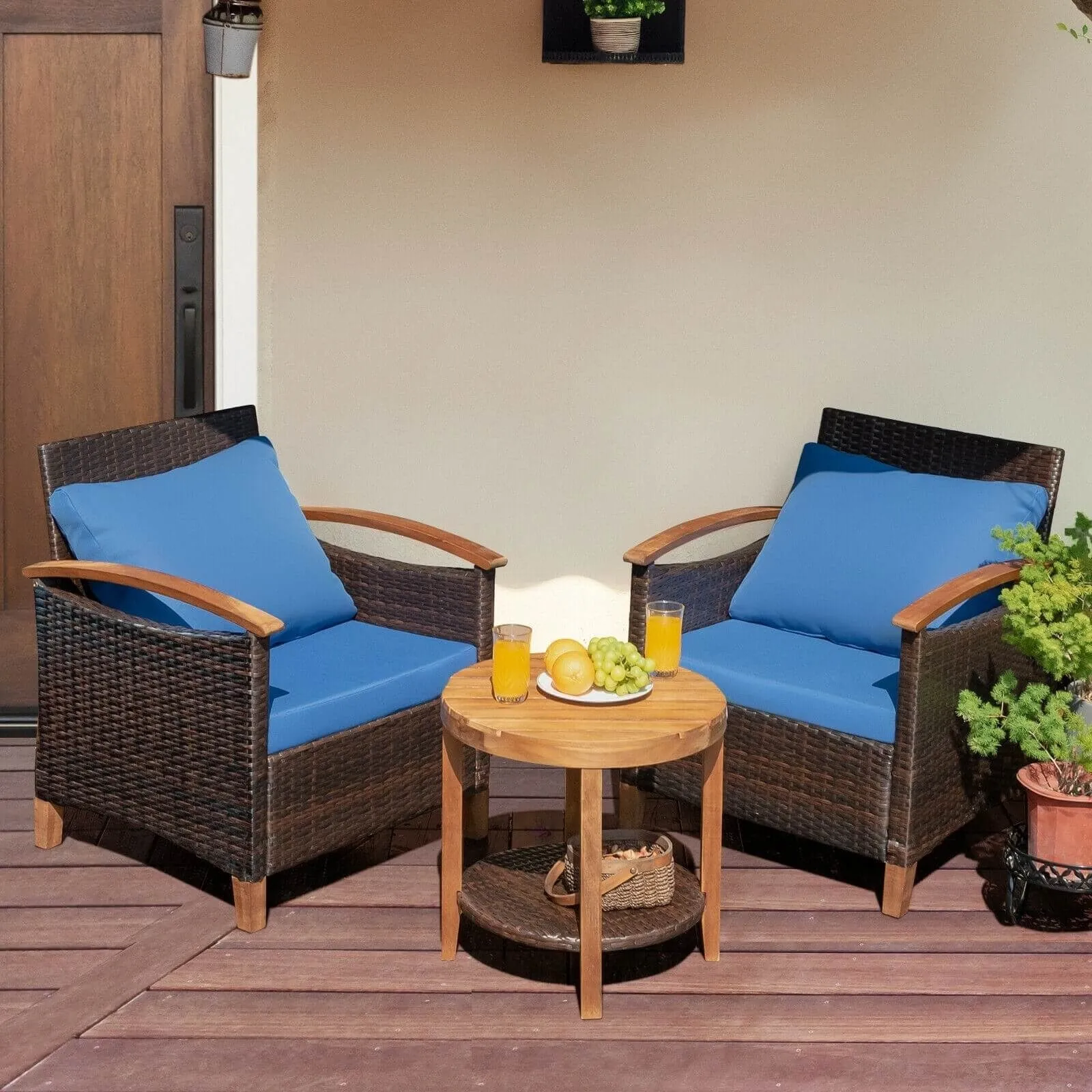 3pc Wicker Rattan Wood Frame Patio Furniture Set - Blue