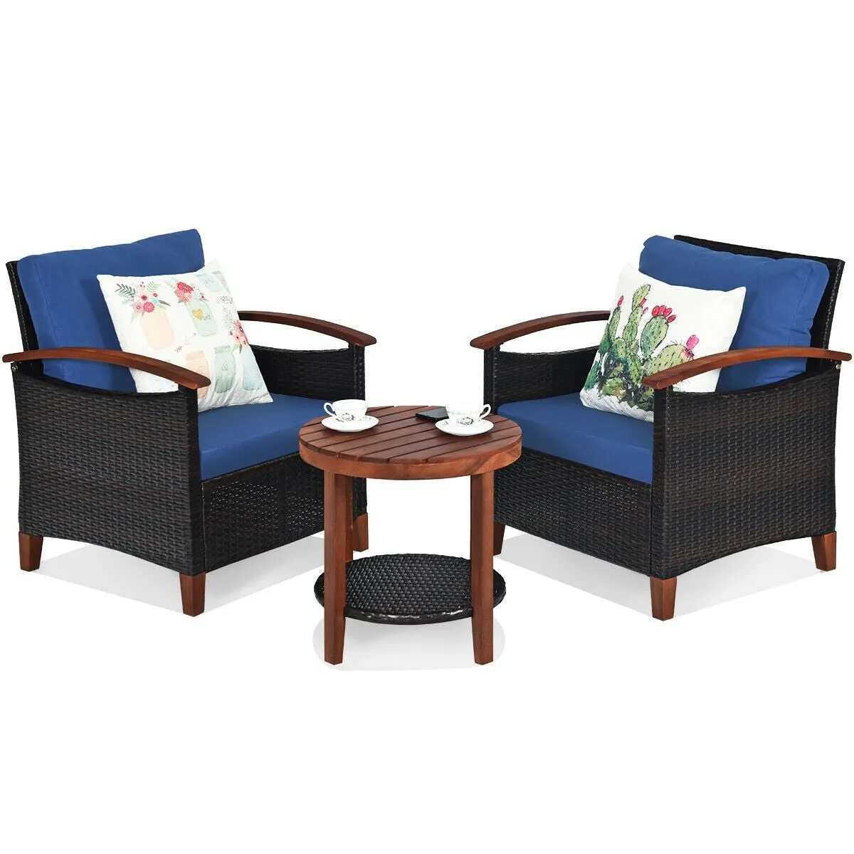 3pc Wicker Rattan Wood Frame Patio Furniture Set - Blue