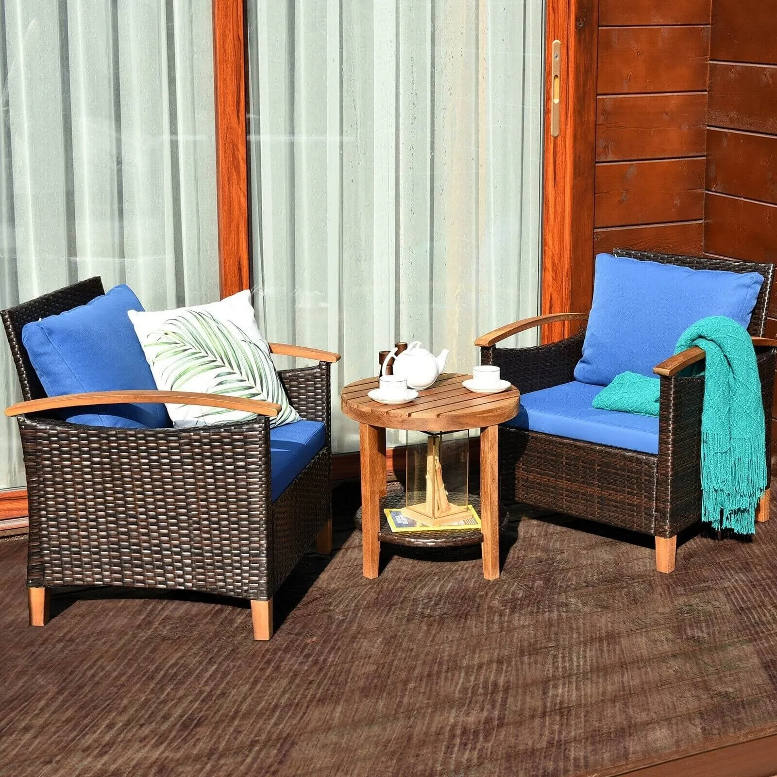 3pc Wicker Rattan Wood Frame Patio Furniture Set - Blue