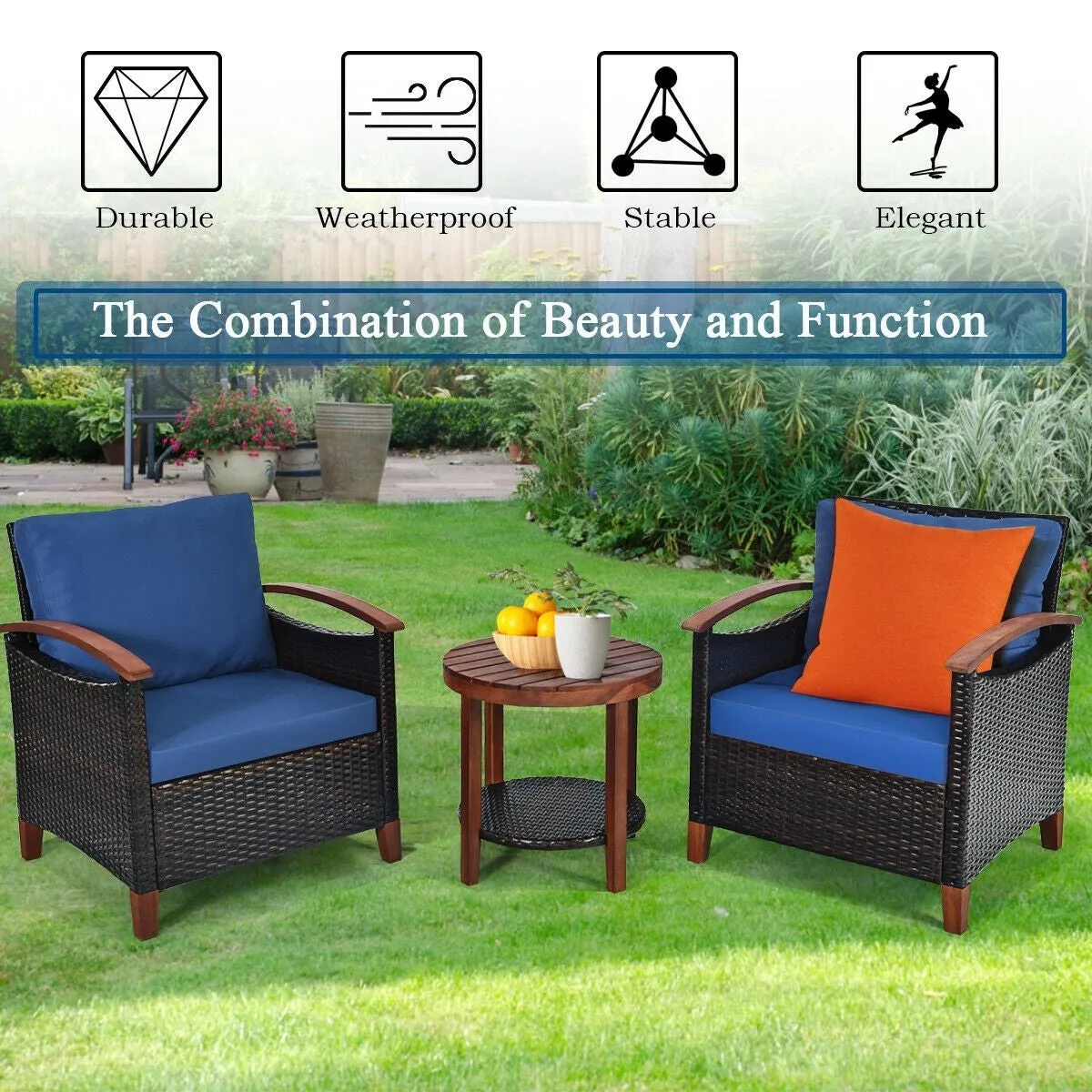 3pc Wicker Rattan Wood Frame Patio Furniture Set - Blue