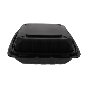 8" x 8" x 3" Lightweight Medium 3 Section Mineral Filled PP Vented Black Clamshell/Hinged Lid Containers, Case of 200