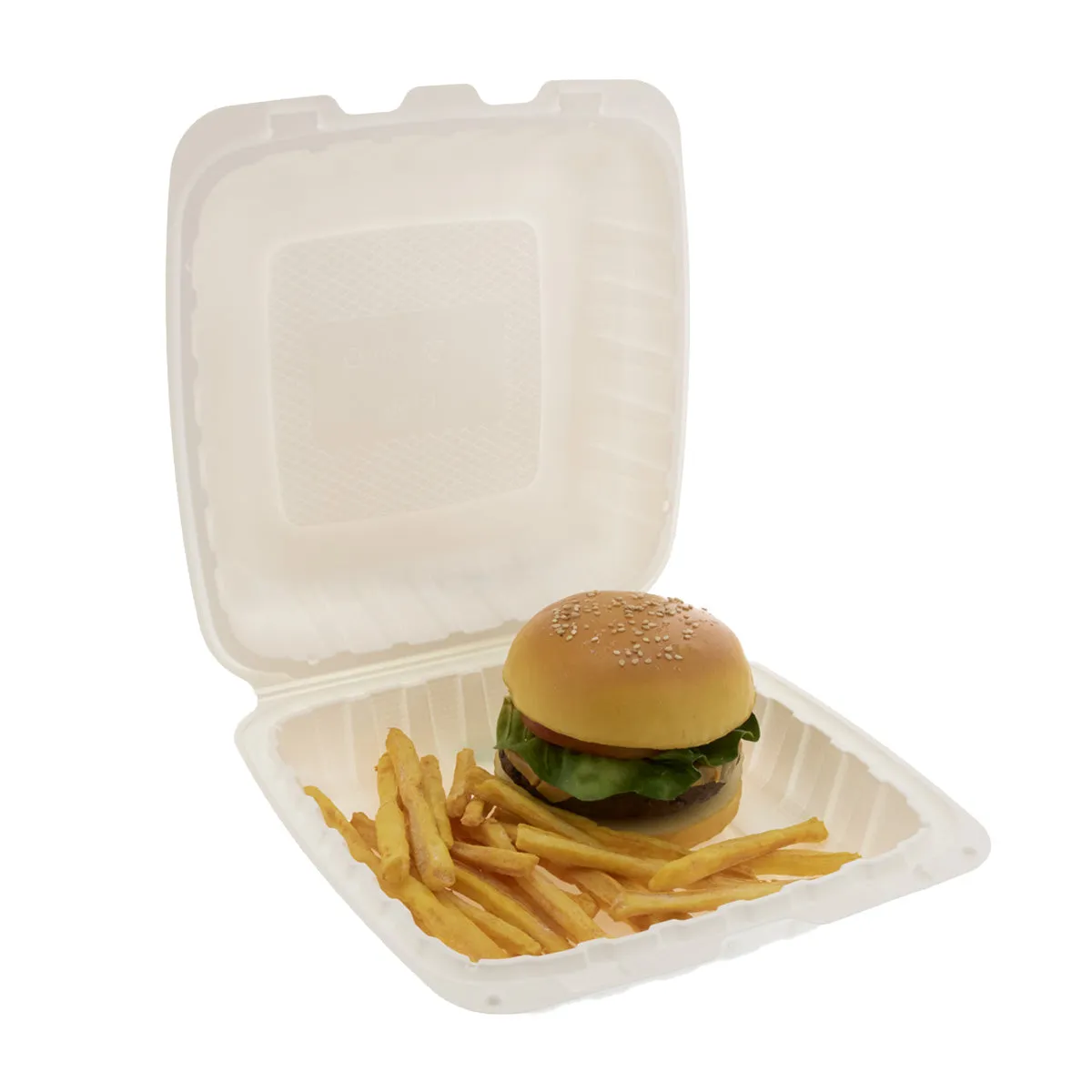 8" x 8" x 3" Lightweight Mineral Filled PP Vented Container with Hinged Lid, White, Case of 200