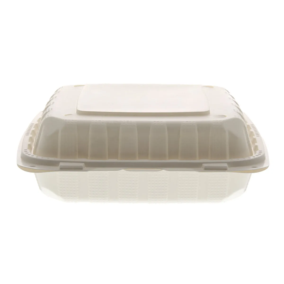 8" x 8" x 3" Lightweight Mineral Filled PP Vented Container with Hinged Lid, White, Case of 200