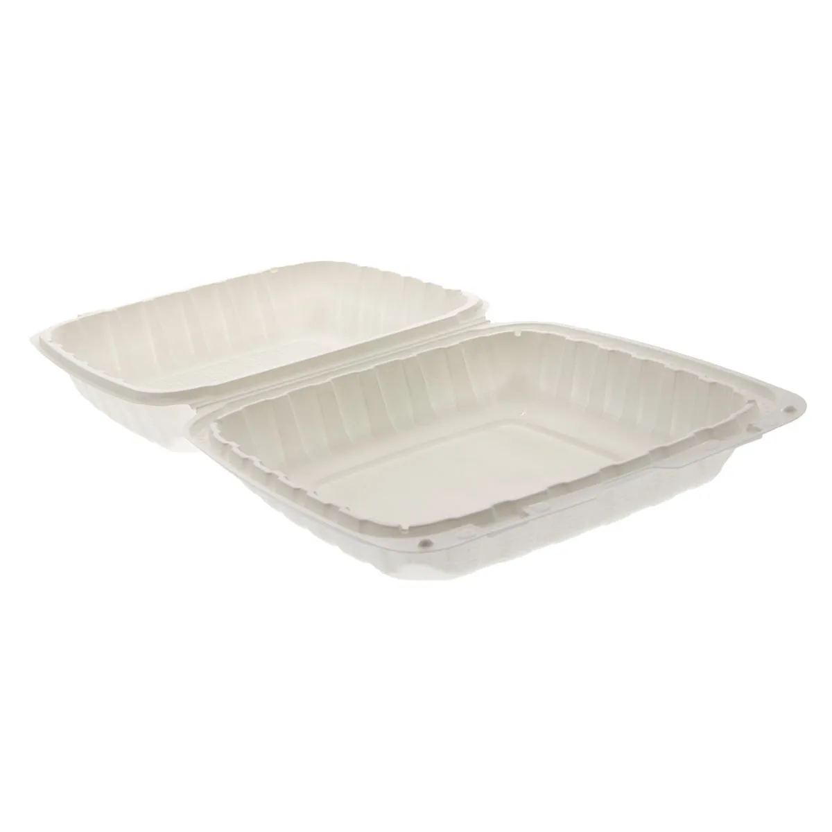 8" x 8" x 3" Lightweight Mineral Filled PP Vented Container with Hinged Lid, White, Case of 200