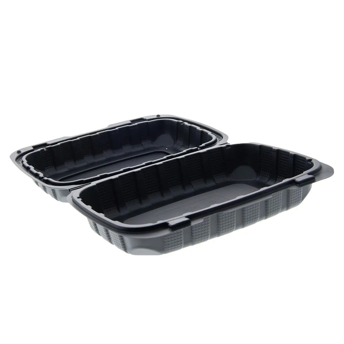 9" x 6" x 3" Lightweight Hoagie Mineral Filled PP Vented Black Hinged Lid Containers, Case of 150