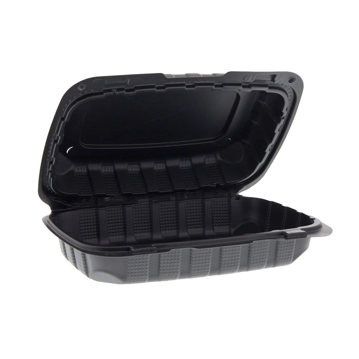 9" x 6" x 3" Lightweight Hoagie Mineral Filled PP Vented Black Hinged Lid Containers, Case of 150