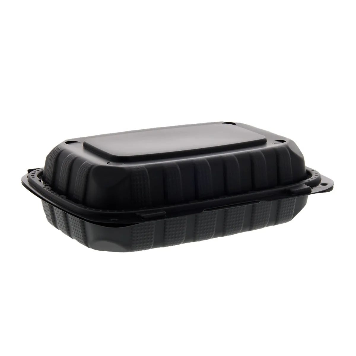 9" x 6" x 3" Lightweight Hoagie Mineral Filled PP Vented Black Hinged Lid Containers, Case of 150