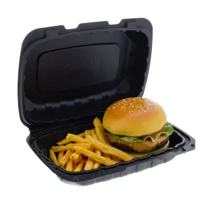 9" x 6" x 3" Lightweight Hoagie Mineral Filled PP Vented Black Hinged Lid Containers, Case of 150