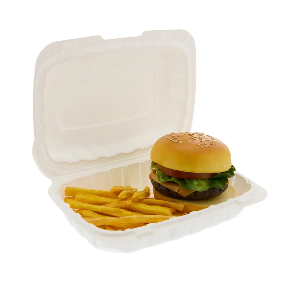 9" x 6" x 3" Lightweight Hoagie Mineral Filled PP Vented White Clamshell/Hinged Lid Containers, Case of 150