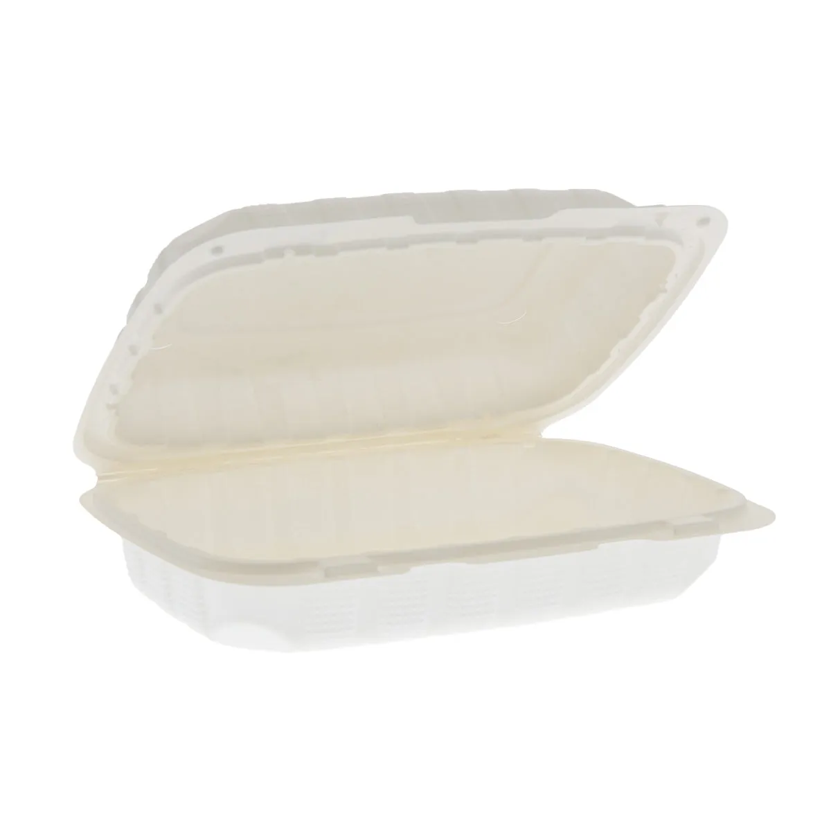 9" x 6" x 3" Lightweight Hoagie Mineral Filled PP Vented White Clamshell/Hinged Lid Containers, Case of 150