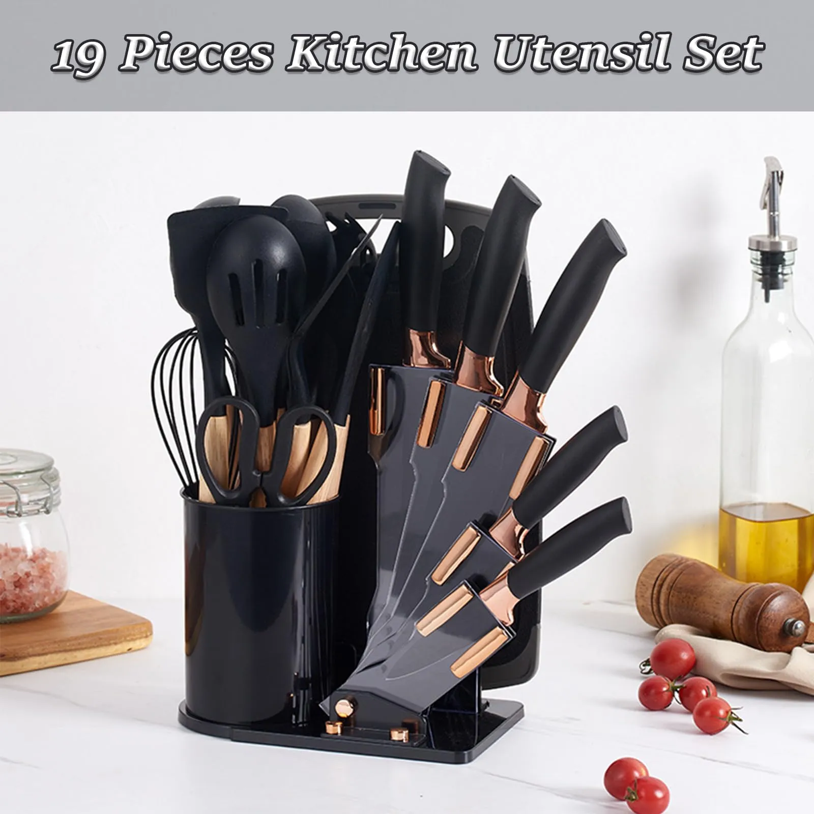 Cooking Utensils Set, 19 Pieces Silicone Kitchen Utensil Set with Holder Super Sharp Stainless Steel Kitchen Knife Set and Kitchen Tool Set, Home & Kitchen Accessories Cookware Set (Black)