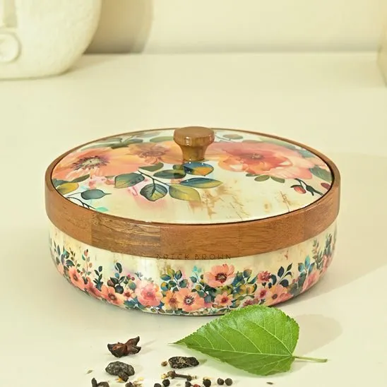 Durable Pastel Flora Wooden Spice Box with Wooden Spoon