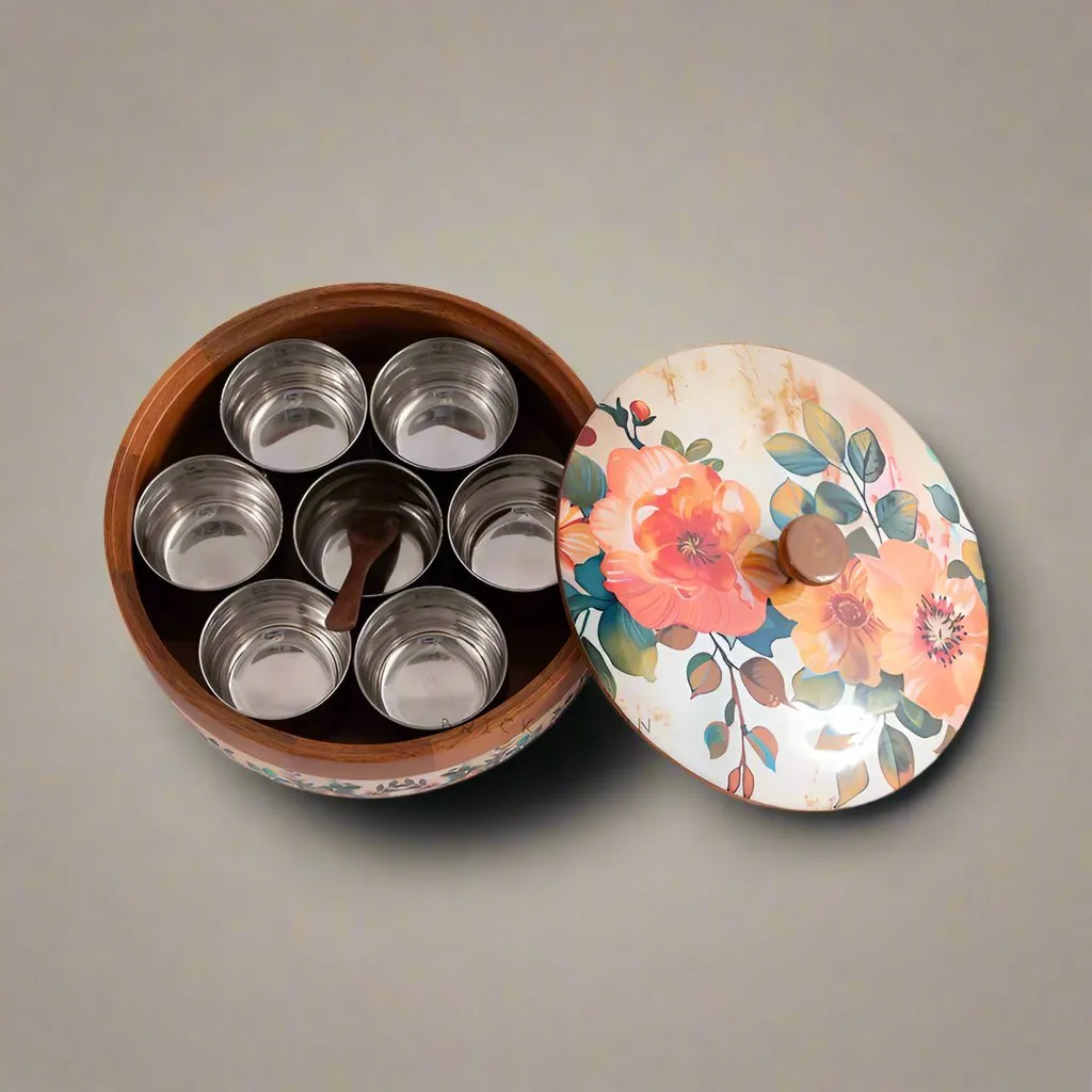 Durable Pastel Flora Wooden Spice Box with Wooden Spoon