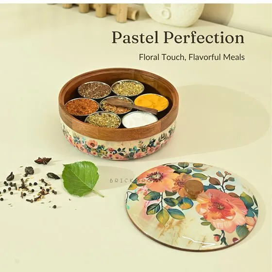 Durable Pastel Flora Wooden Spice Box with Wooden Spoon