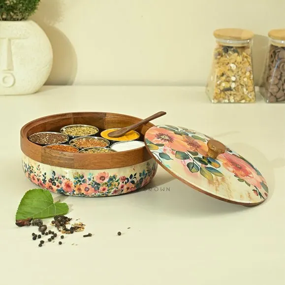 Durable Pastel Flora Wooden Spice Box with Wooden Spoon