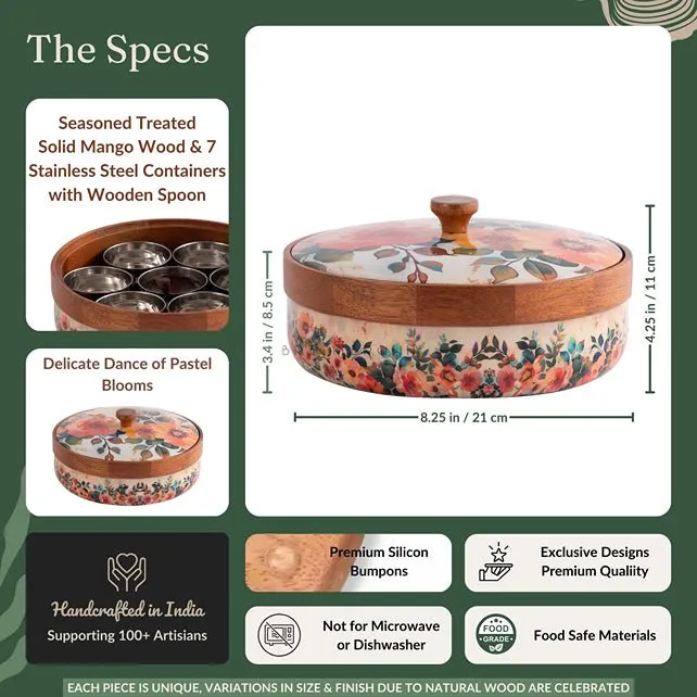 Durable Pastel Flora Wooden Spice Box with Wooden Spoon