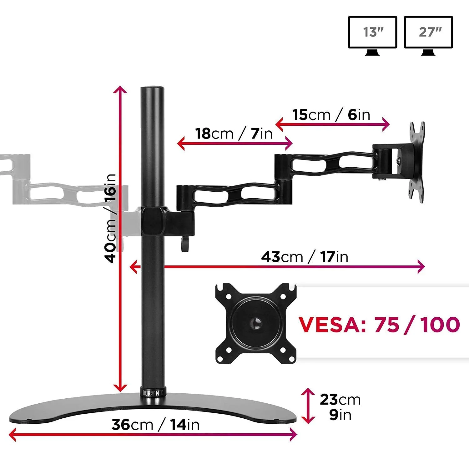 Duronic Dual Monitor Stand DM35D2 Double Monitor Arm Twin Riser Two Mount for 13-27” Computer Screen 2 Height Adjustable Clamp Stands for PC Gaming Work Desk, Home & Office Studio, VESA 75 100