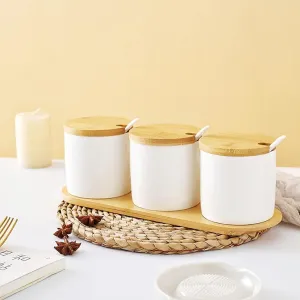 Ekhasa Ceramic Jar With Bamboo Lid, Spoon And Tray For Multipurpose Kitchen Storage (Set Of 3, 250Ml Each) Pickle, Spices, Sauces Storage Jar For Kitchen And Dining Table, White