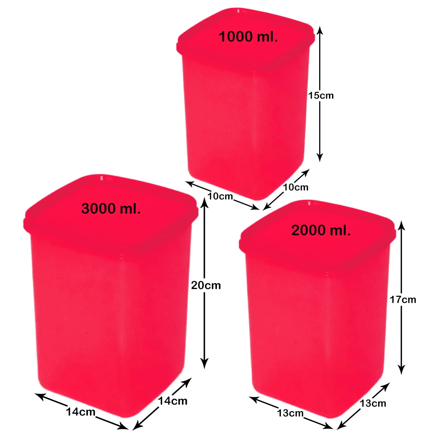 Heart Home Multiuses BPA Free Leak Proof, Dishwasher/Freezer Safe Plastic Storage Container with Lid, 3000ml, 2000ml & 1000ml, Set of 3 (Red)-50HH01732