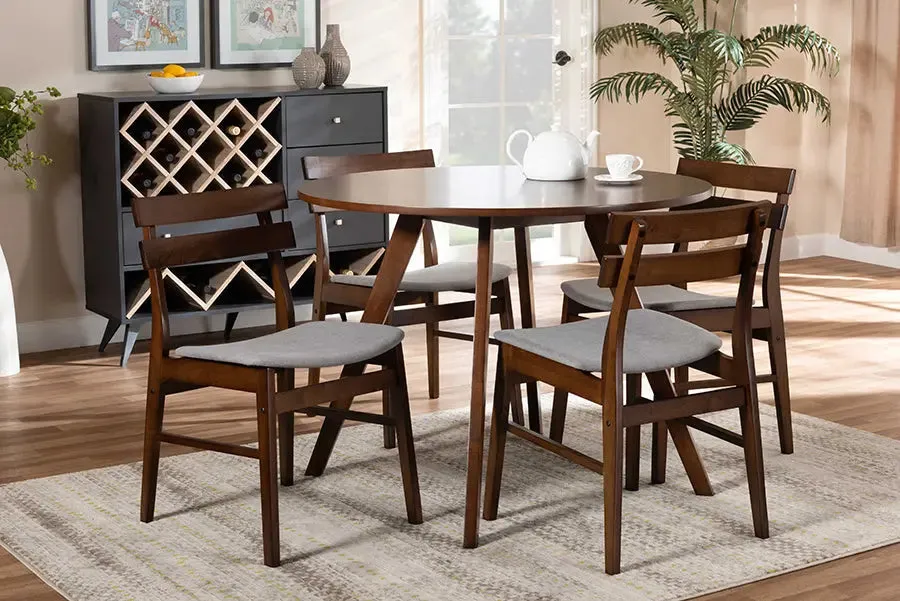 Homer Light Grey Fabric Upholstered/Walnut Brown Finished Wood 5pcs Dining Set, Round Table top