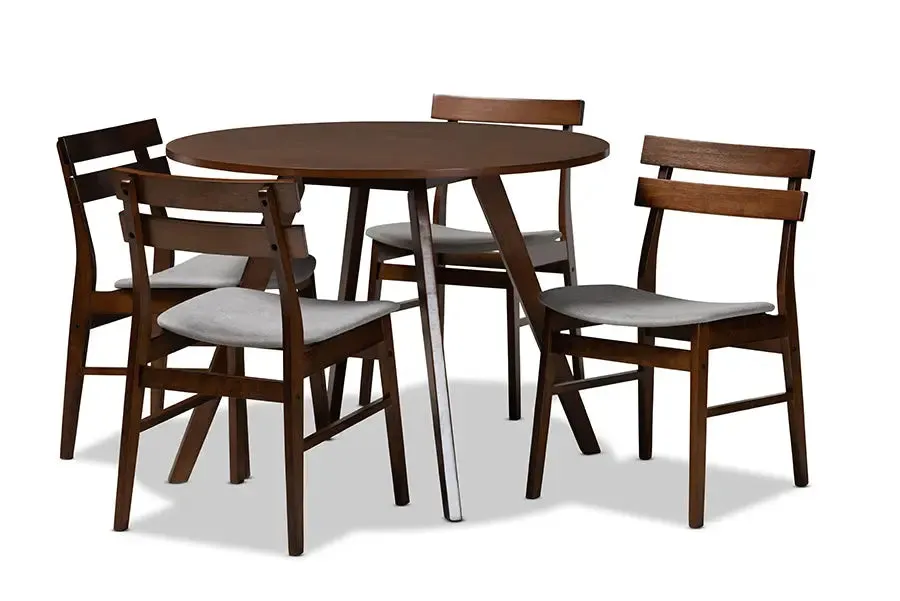 Homer Light Grey Fabric Upholstered/Walnut Brown Finished Wood 5pcs Dining Set, Round Table top