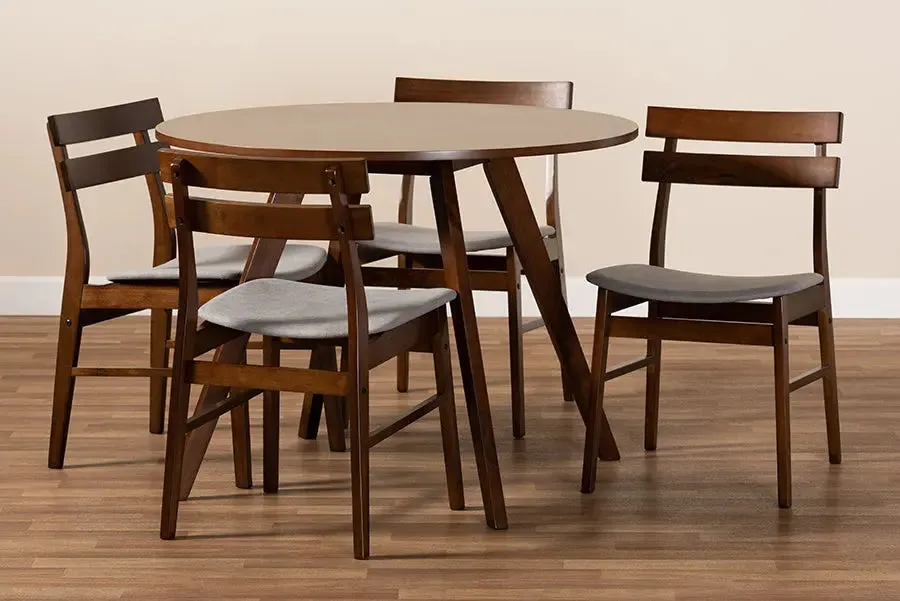 Homer Light Grey Fabric Upholstered/Walnut Brown Finished Wood 5pcs Dining Set, Round Table top