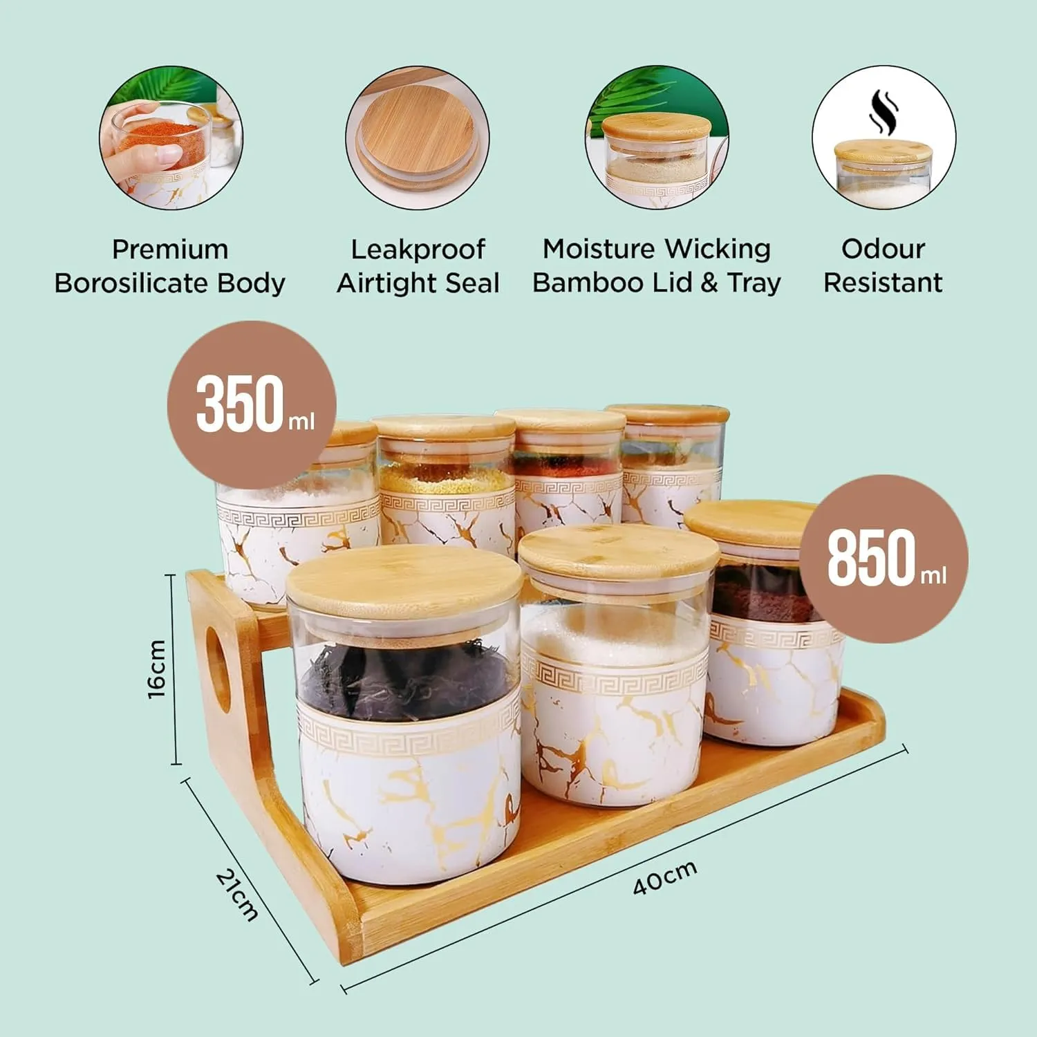 Homestic Borosilicate Glass Containers with Bamboo Lid and Stand|Kitchen Organizer Items and Storage|Multipurpose Airtight Containers|7 Pieces Kitchen Containers Set (4 X 350ml, 3 X 850ml)