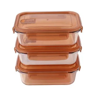 Homestic Pack of 3 Borosilicate Glass Kitchen Containers Set with Airvent Pp Lid | Airtight Rectangular Fridge Storage Boxes for Grains, Pulses, Spices, Snacks | 365 ml Each | Transparent