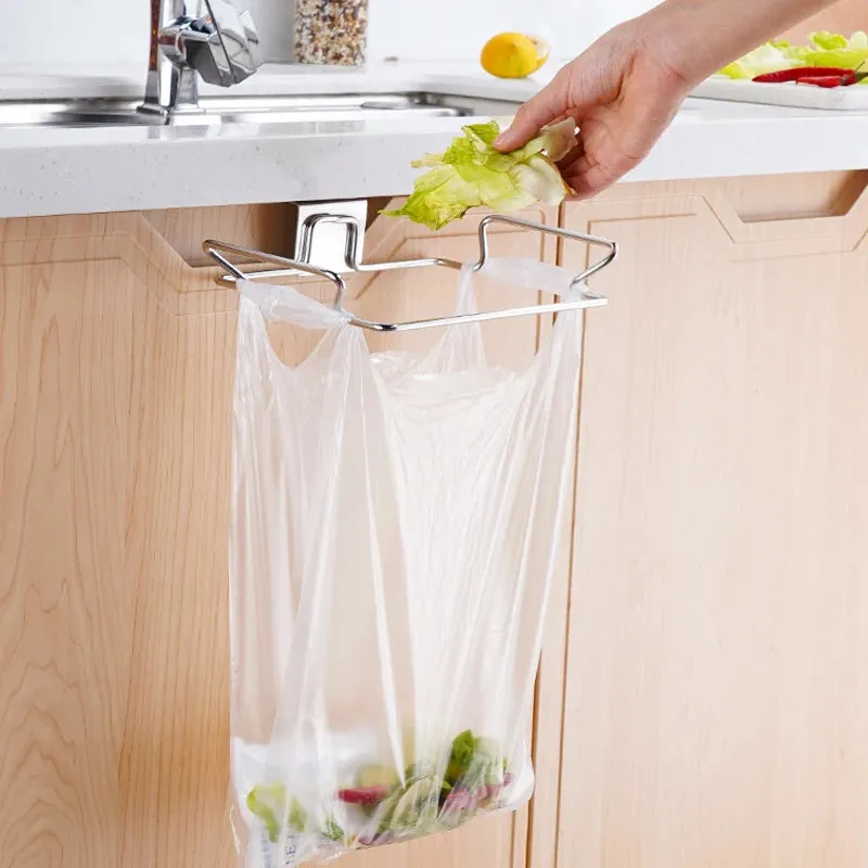 Kitchen Trash Rack Cabinet Door Garbage Bags Holder Stainless Steel Closet Garbage Storage Holder