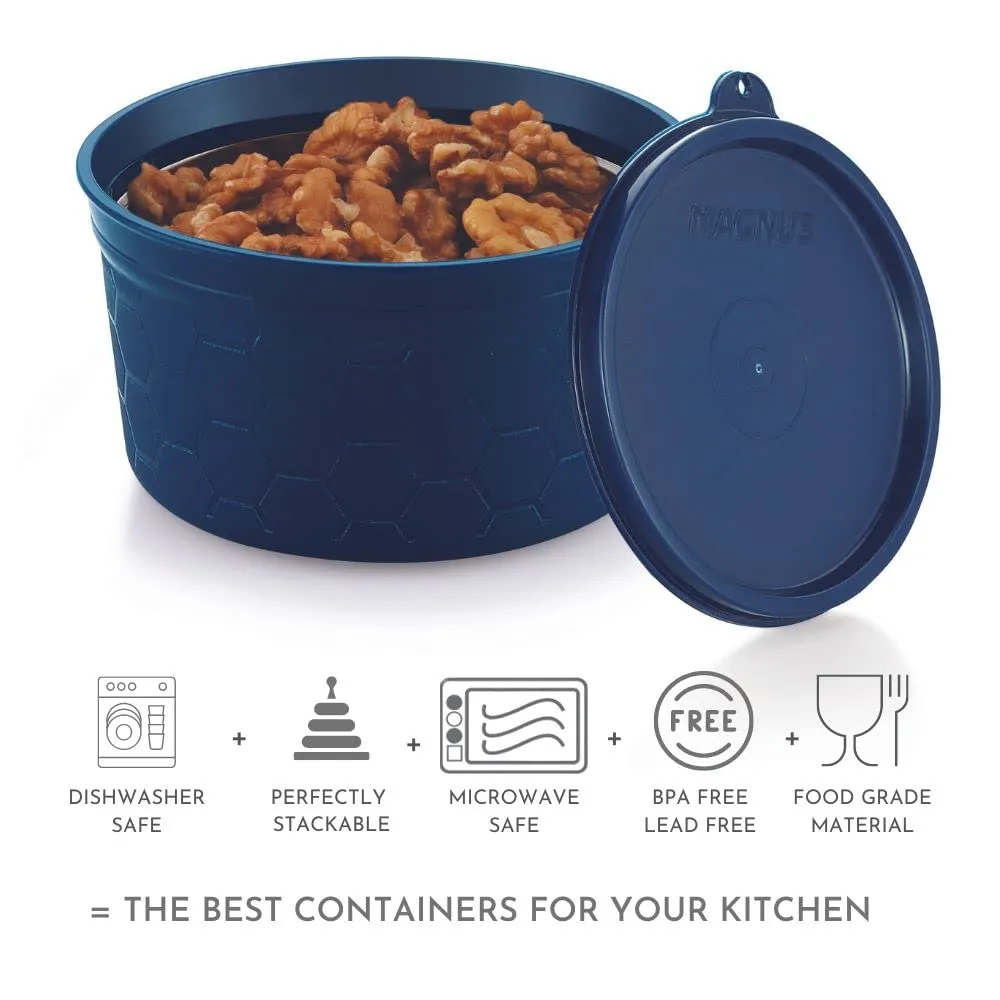 Magnus Microwave Safe Stainless-Steel Easy Lock Kitchen Food Storage Containers with Lid (Combo Pack of 2) 400ml Each Blue & Black