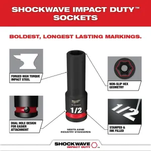 Milwaukee SHOCKWAVE Impact Duty Series 49-66-6804 Socket Set, Chrome Molybdenum Steel, Specifications: 1/2 in Drive :SET: QUANTITY: 1