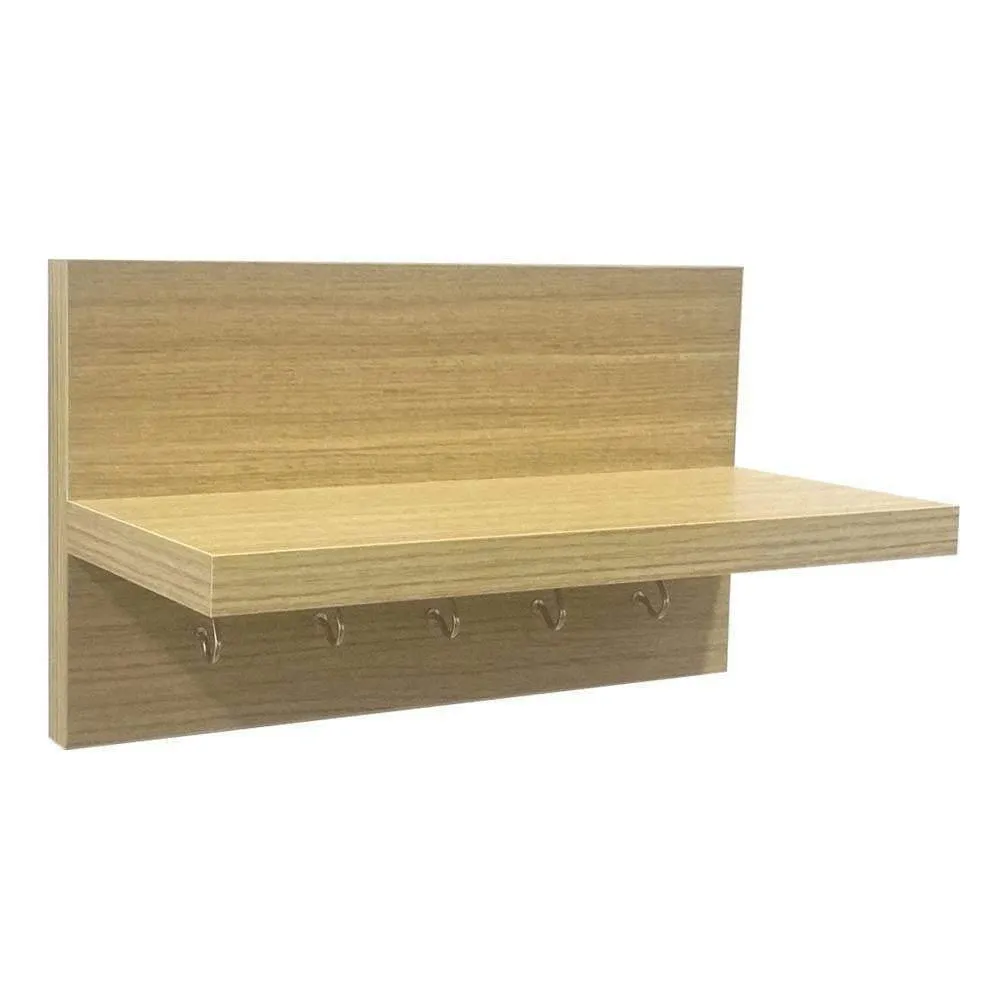 Omega 6 Decor Shelf with Key Hooks, Oak Finish