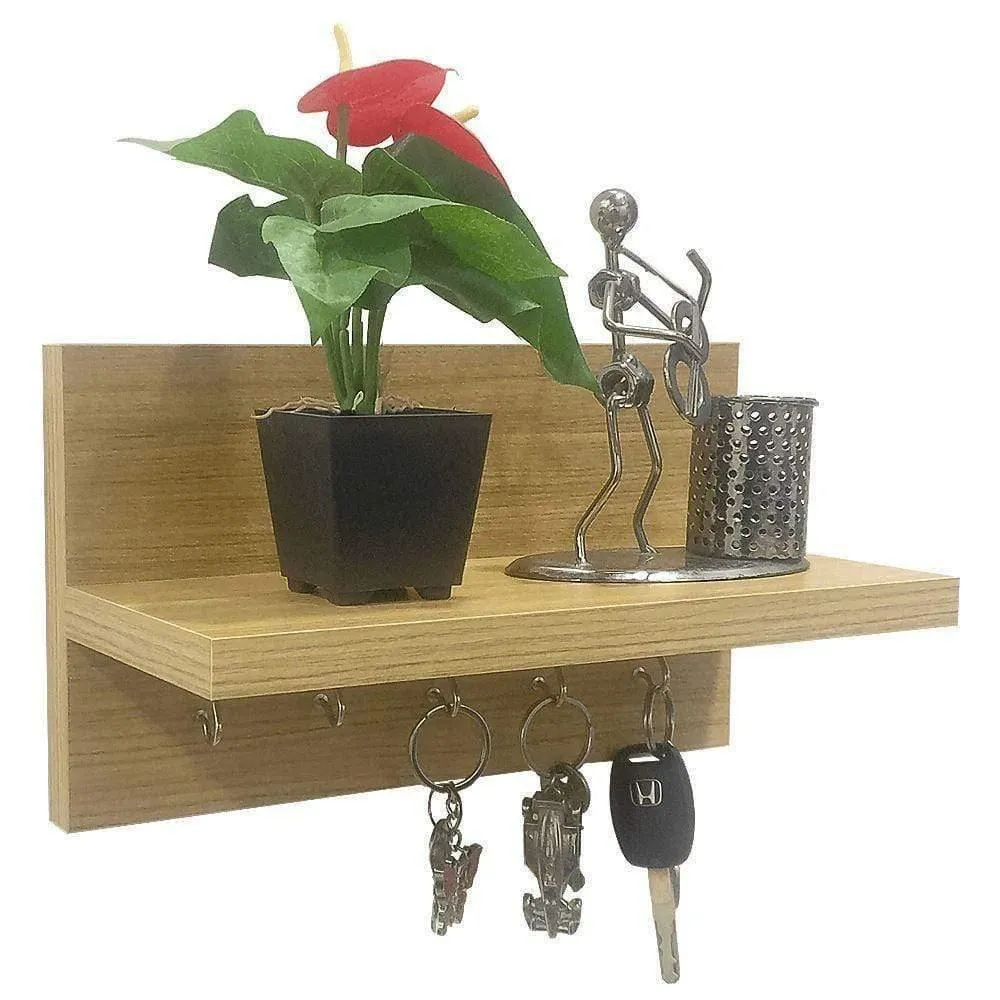 Omega 6 Decor Shelf with Key Hooks, Oak Finish