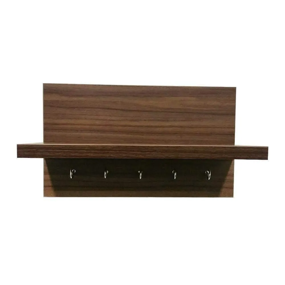 Omega 6 Key Holder Wall Shelf with Key Hooks, Walnut Finish