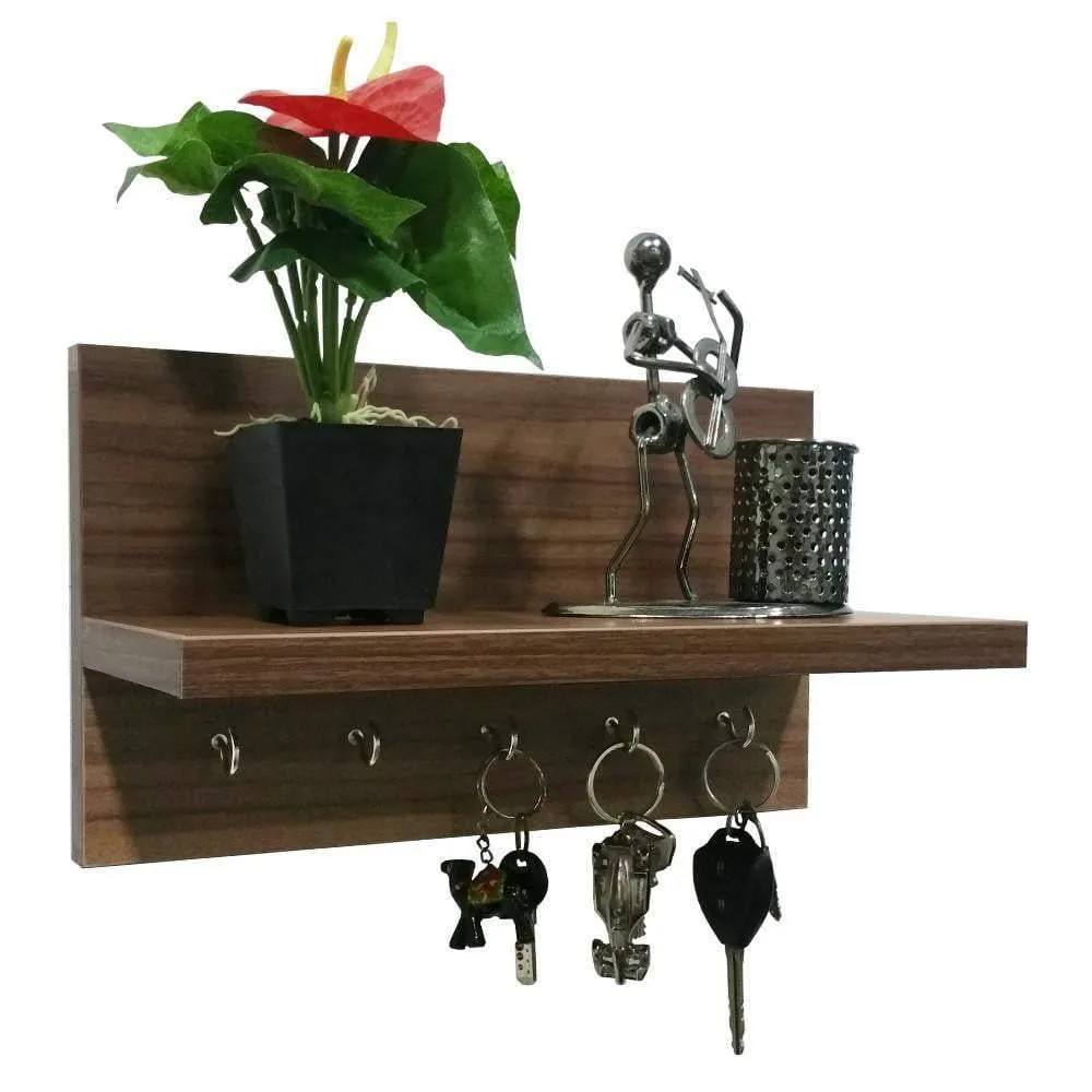 Omega 6 Key Holder Wall Shelf with Key Hooks, Walnut Finish