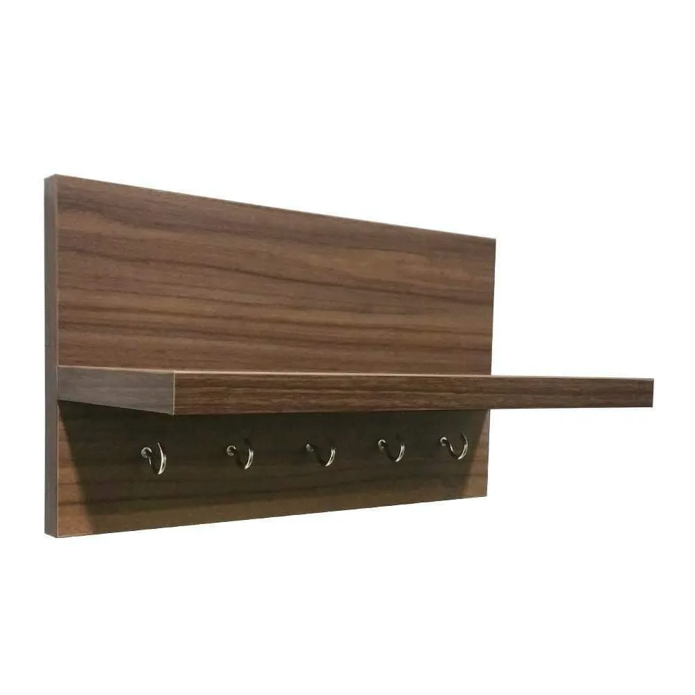 Omega 6 Key Holder Wall Shelf with Key Hooks, Walnut Finish