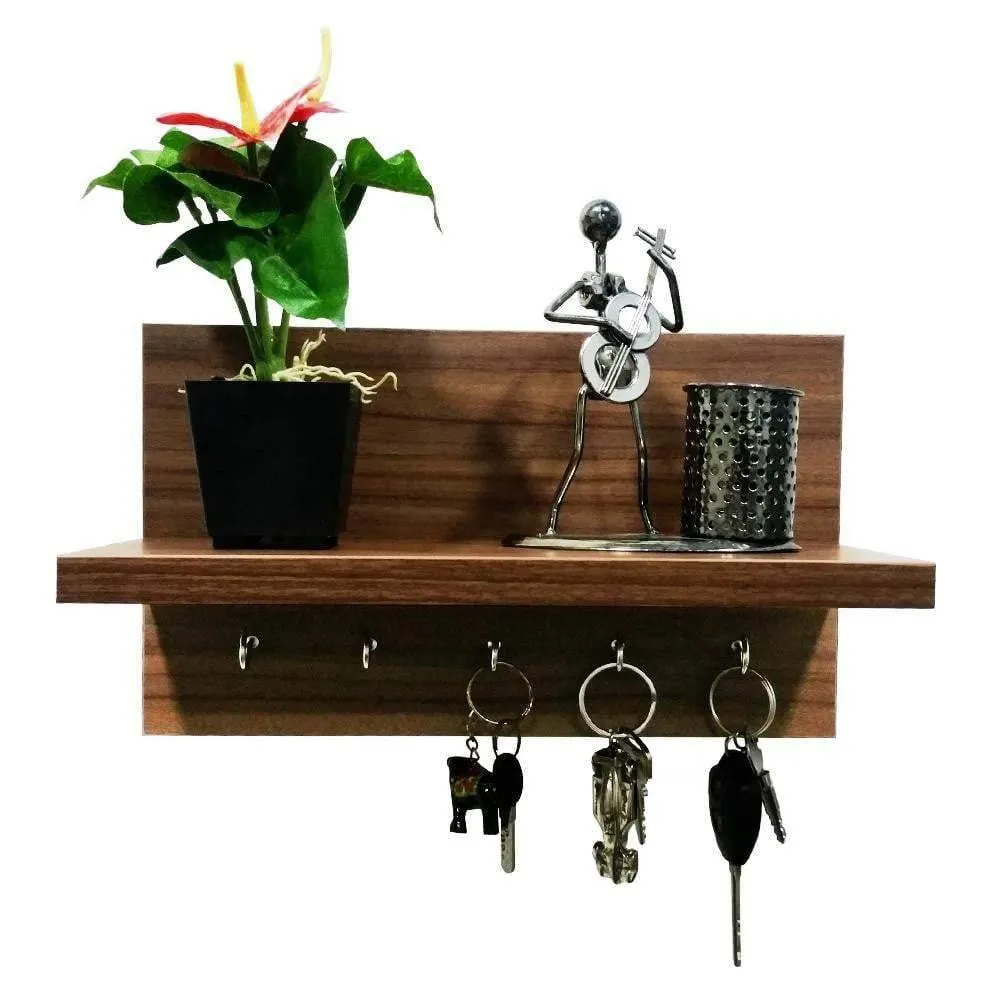 Omega 6 Key Holder Wall Shelf with Key Hooks, Walnut Finish