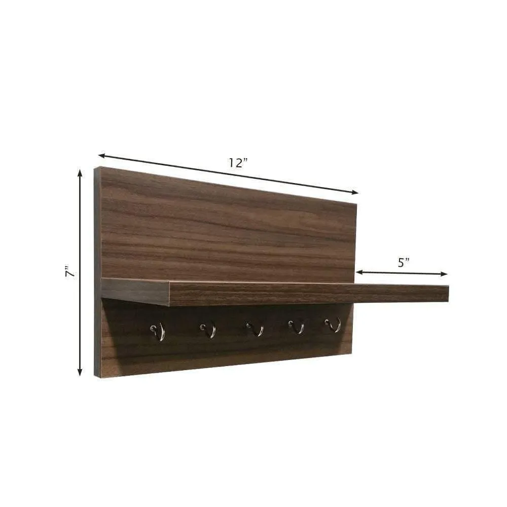 Omega 6 Key Holder Wall Shelf with Key Hooks, Walnut Finish