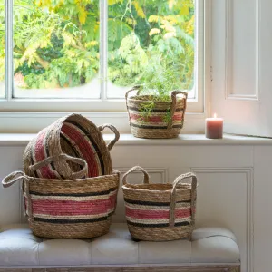 Set of Four Round Straw & Corn Baskets - Natural Rose