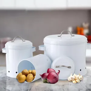 The Better Home Kitchen Storage Containers Set (3Pcs - 1.8L, 3.5L, 9.5L) | Metal Onion Potato Basket with Lid | Pantry Organisers & Storage (11.2 x 14.5cm, 14 x 17.5cm & 22.5 x 19.3cm) | White