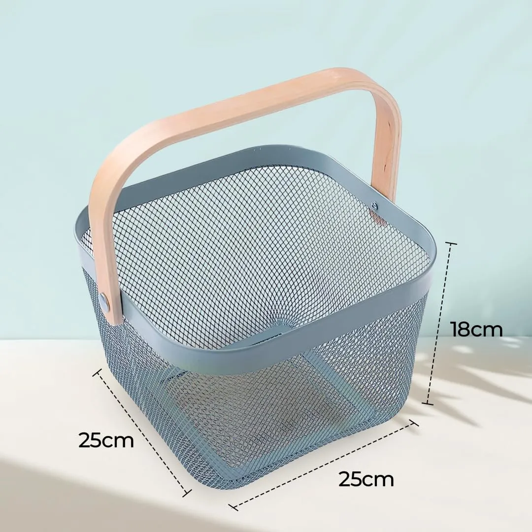 The Better Home Metal Mesh Storage Basket with Wooden Handle | Ideal for Storage, Shopping, Picnics and More (Blue)