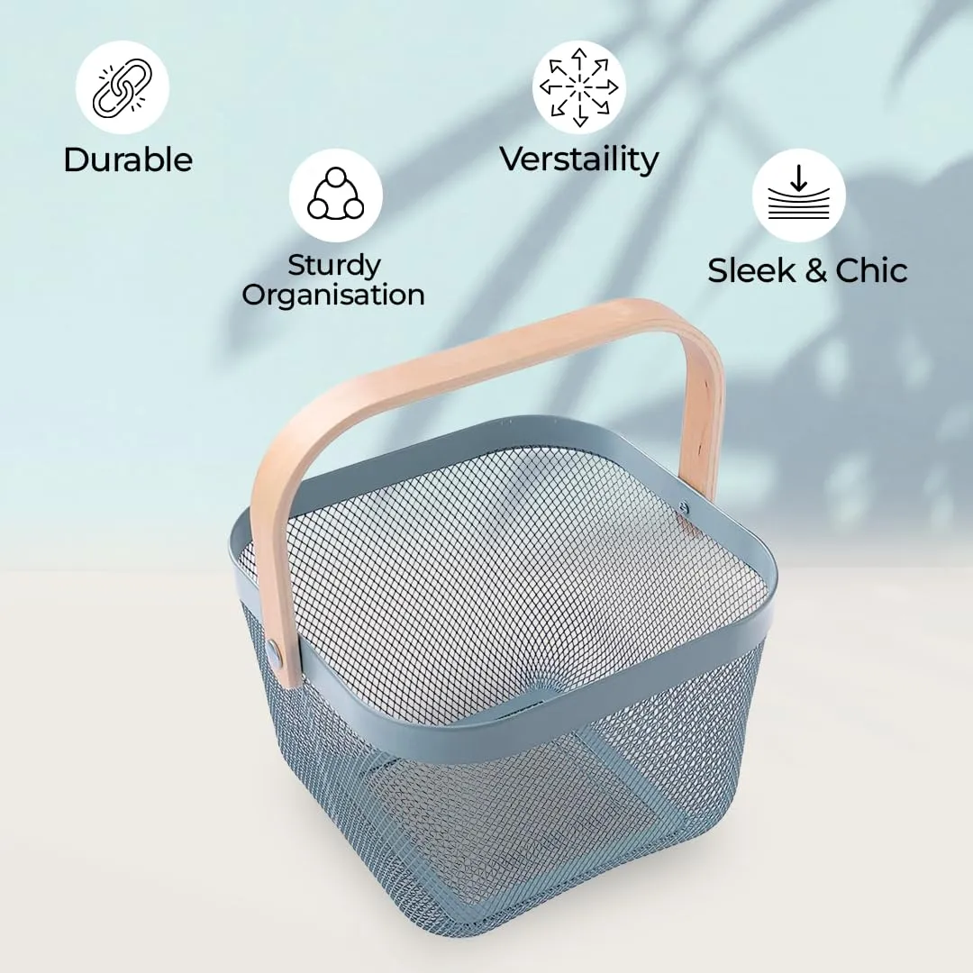 The Better Home Metal Mesh Storage Basket with Wooden Handle | Ideal for Storage, Shopping, Picnics and More (Blue)