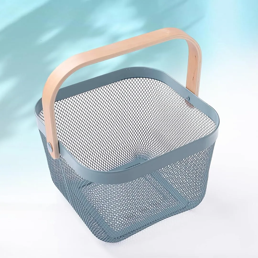 The Better Home Metal Mesh Storage Basket with Wooden Handle | Ideal for Storage, Shopping, Picnics and More (Blue)